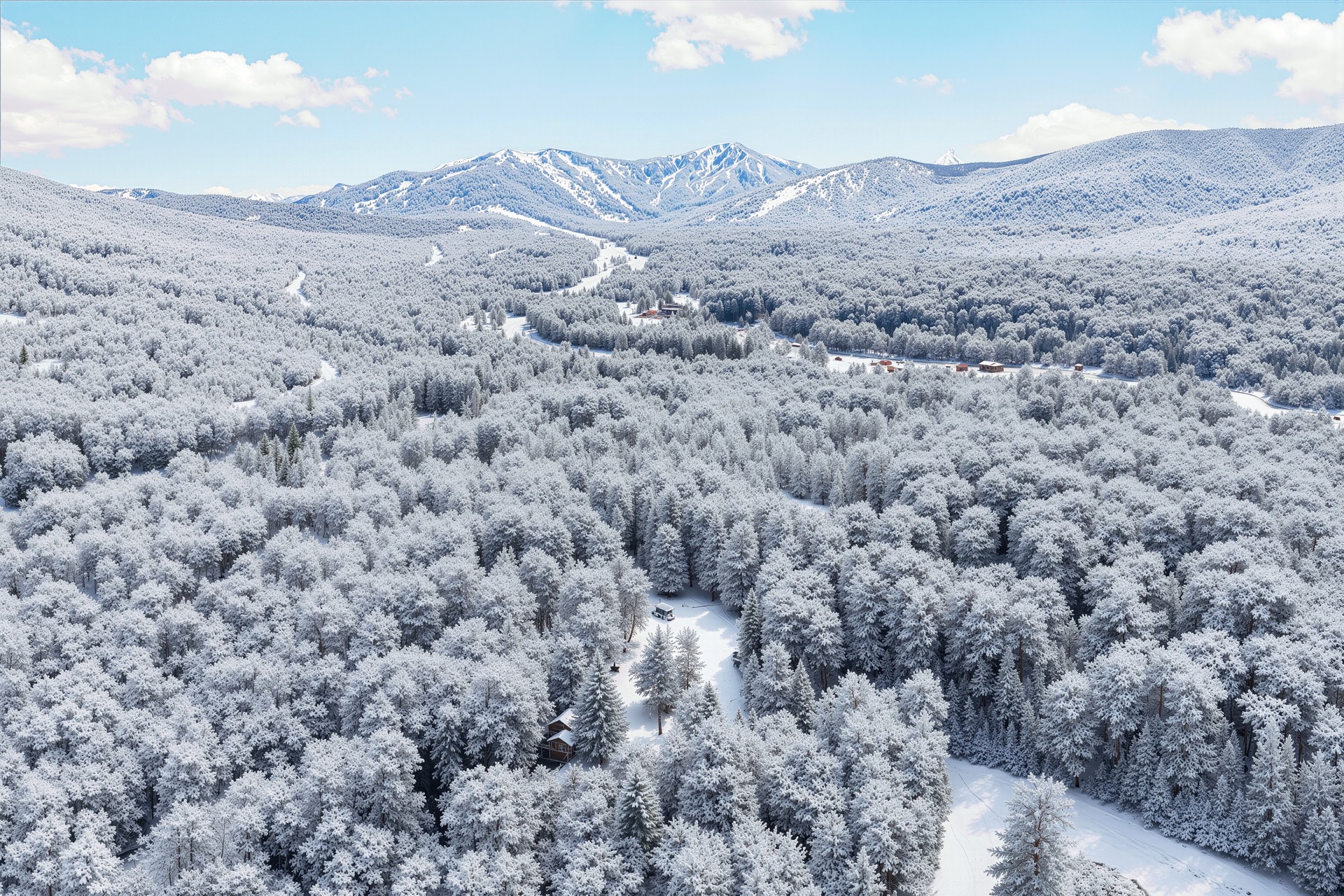 Drone shot — Slippery Slope nestled in snow-covered Vermont forest with Killington mountain behind